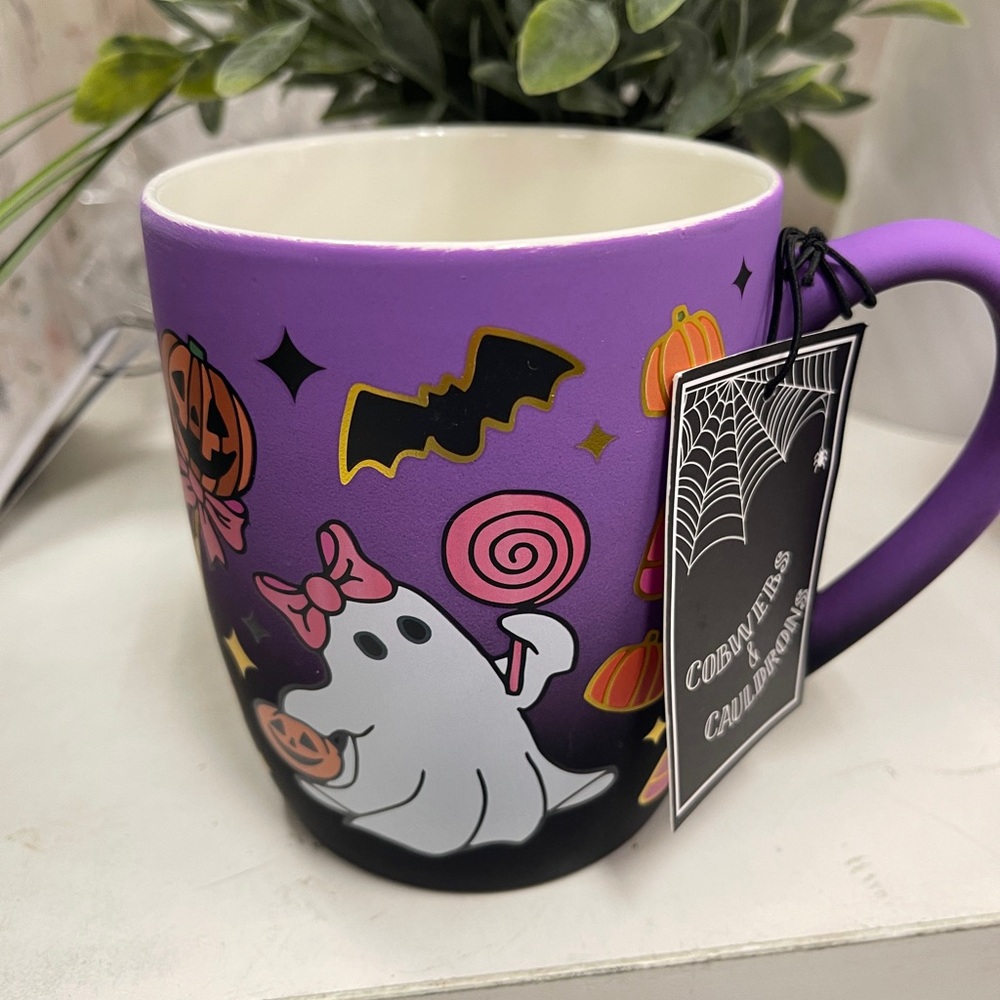 Halloween Purple & Pink Ghost Trick or Treating Smooth Matte Soft Touch Mug NWT